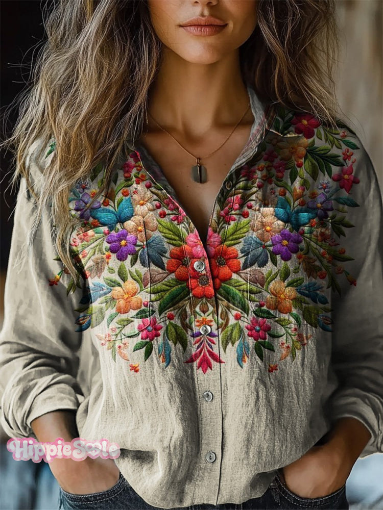 Colorful Embroidery Floral Pattern Printed Women's Casual Long Sleeve