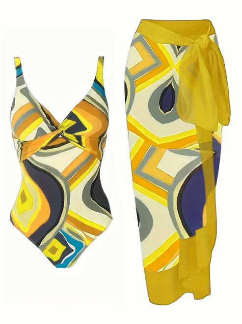 Tropical Print One Piece With Sarong