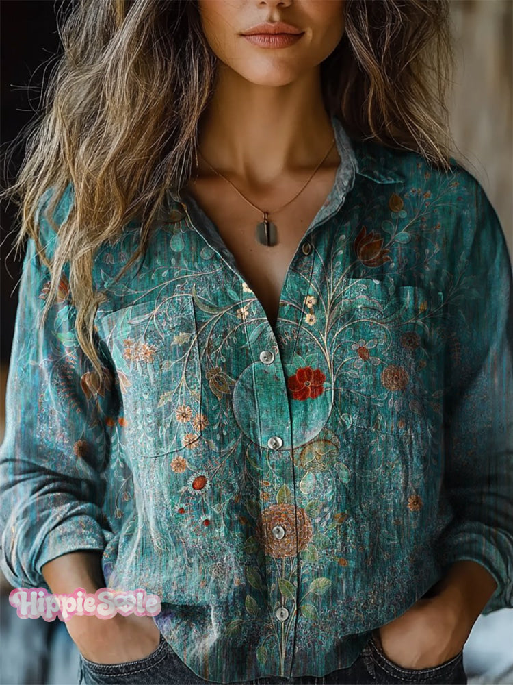 Women's Retro Ethnic Floral Pattern Print Casual Long Sleeve Comfortab
