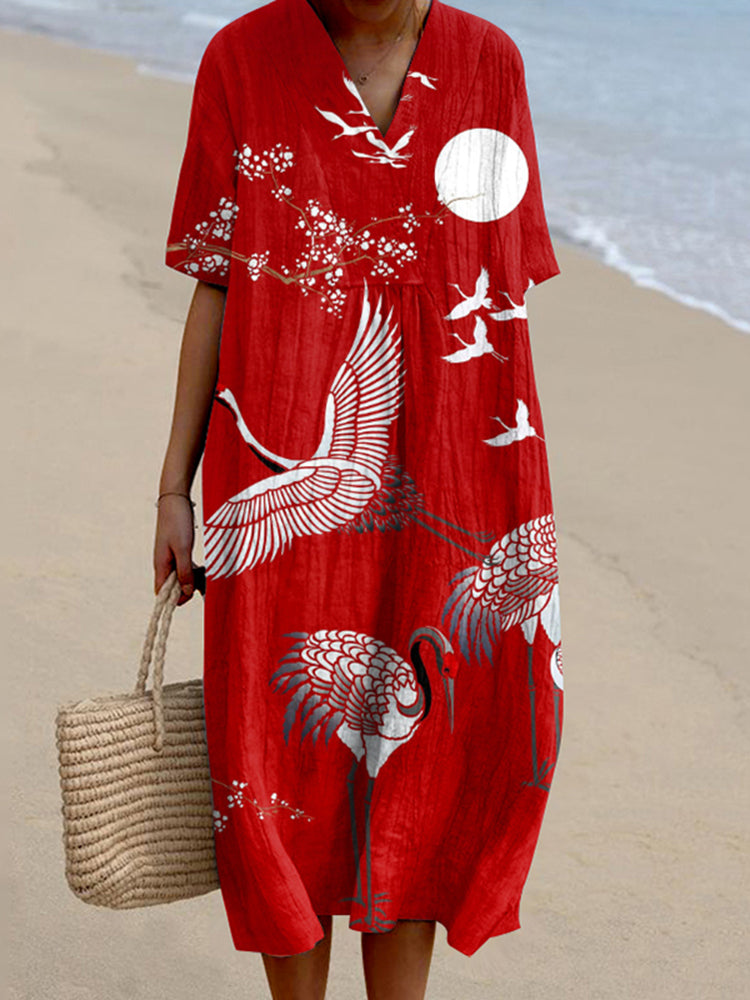 Women'S Vintage Crane Art Print V Neck Flowy Midi Dress