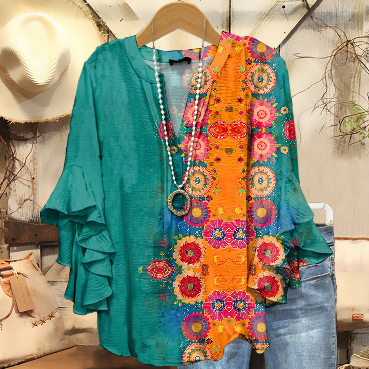 Women's Vintage Floral Art Print Casual Cotton And Linen Shirt