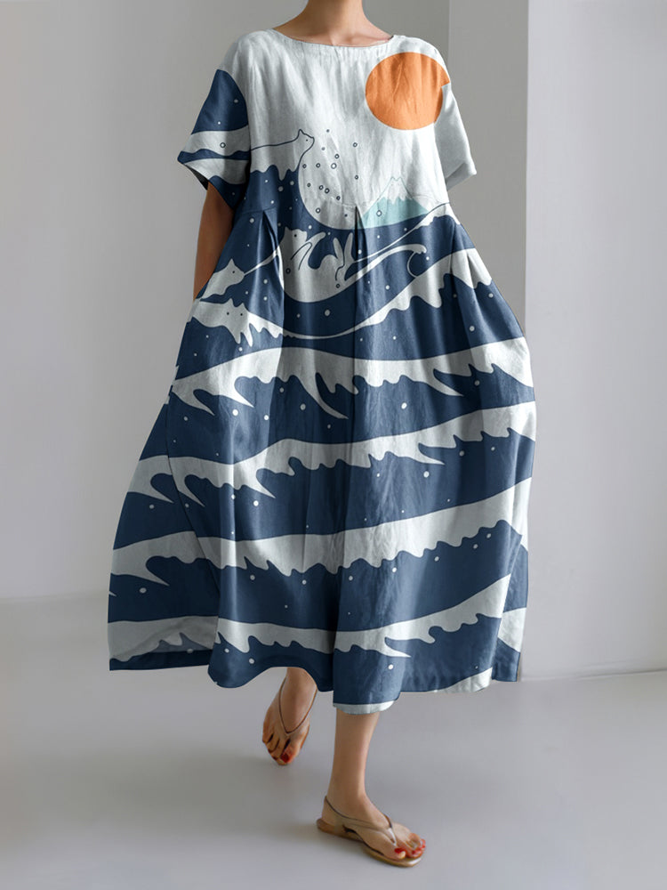 Abstract Creative Cute Cat In Wave Painting Art Linen Blend Dress