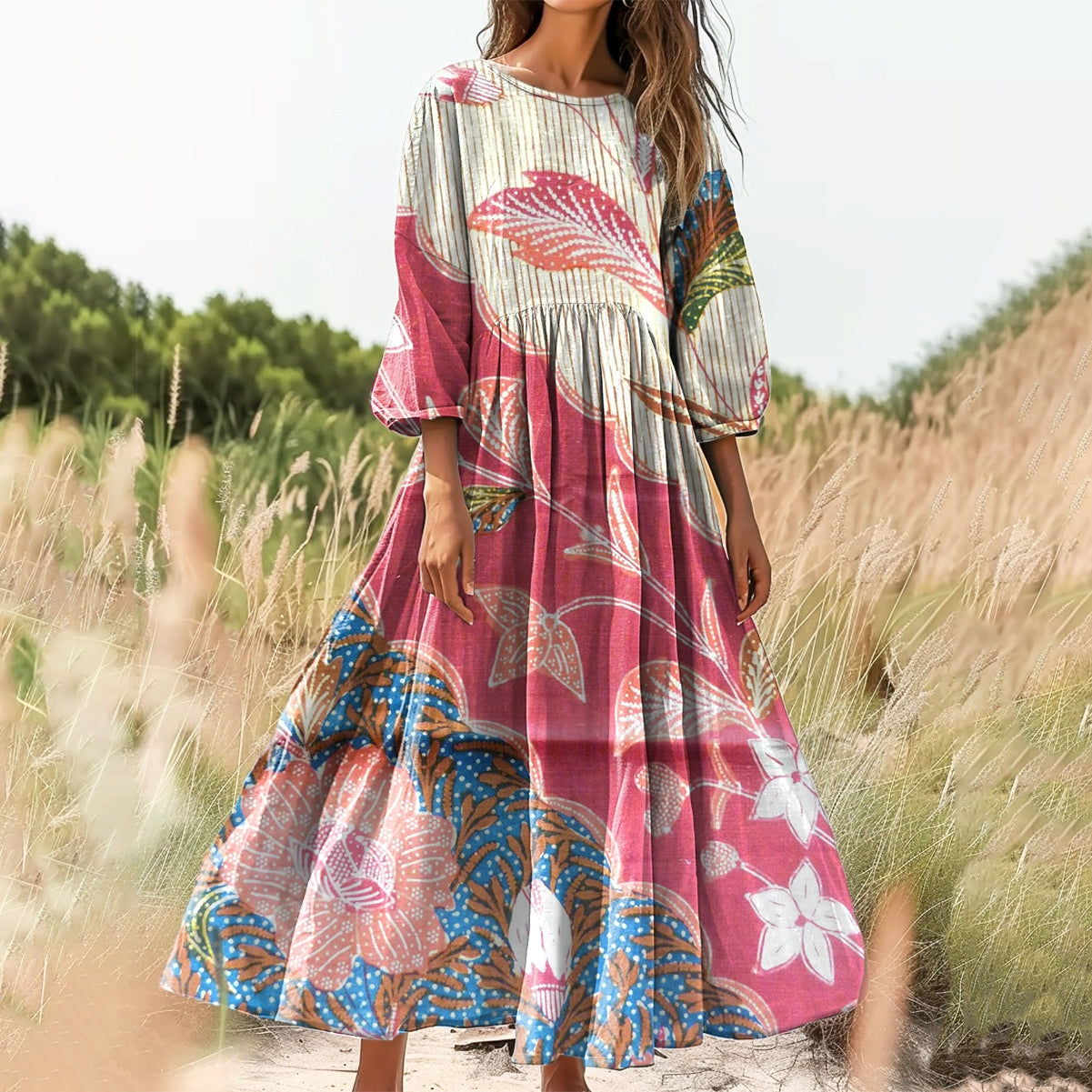 Women's Floral Art Print Cotton Crew Neck Dress