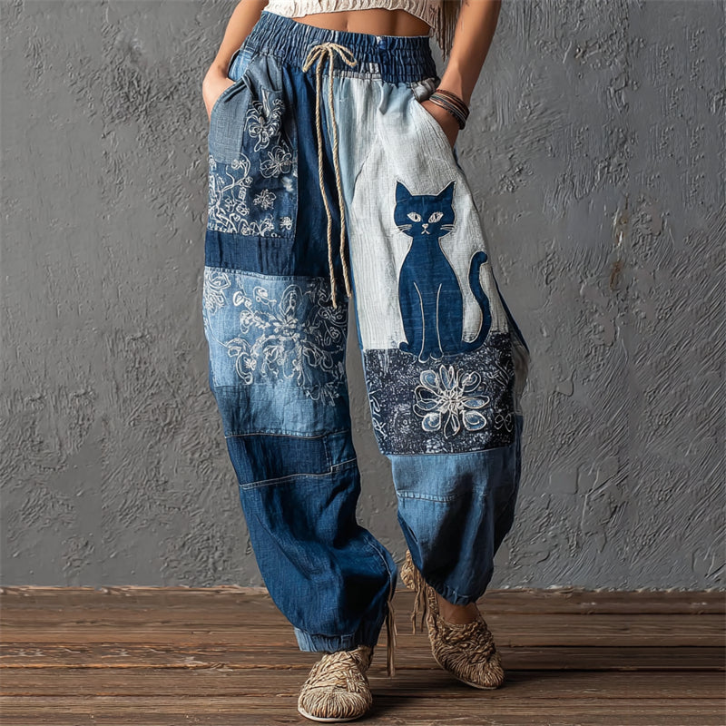 Vintage Cat Floral Fiber Art Patchwork Flowy Linen Pants