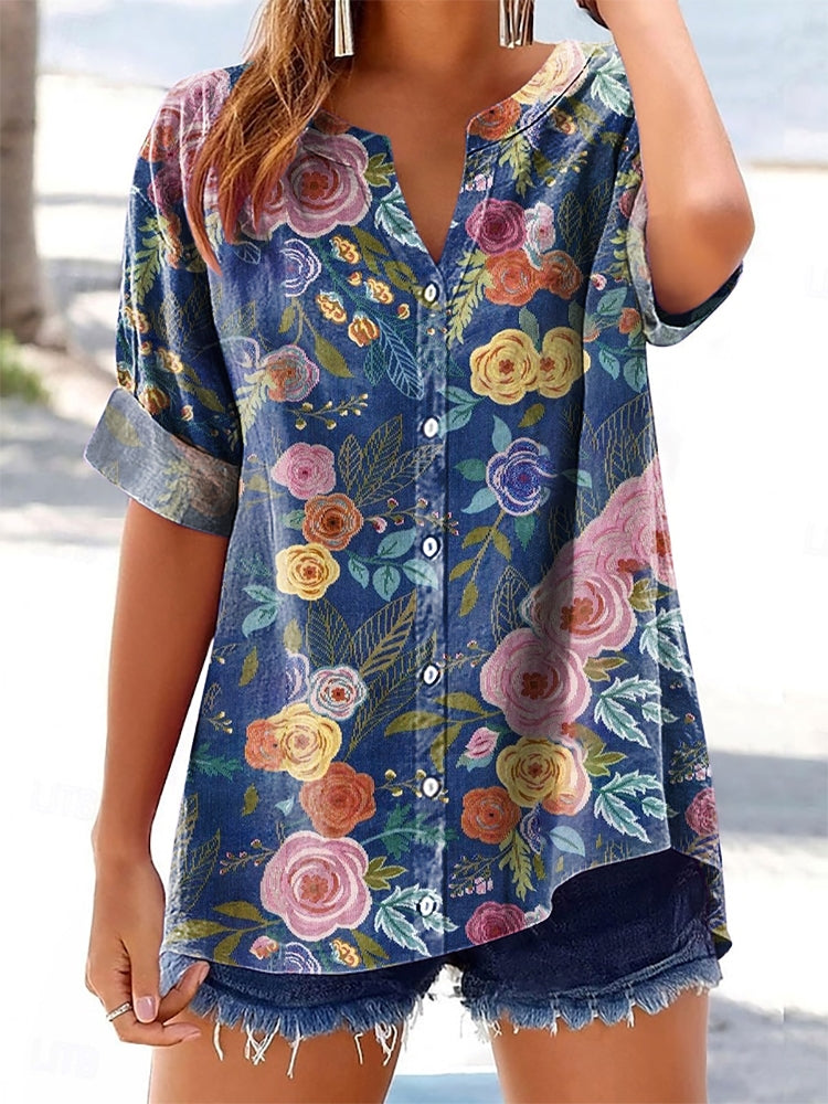Women's Floral Pattern Art Print Cotton Linen Casual Shirt