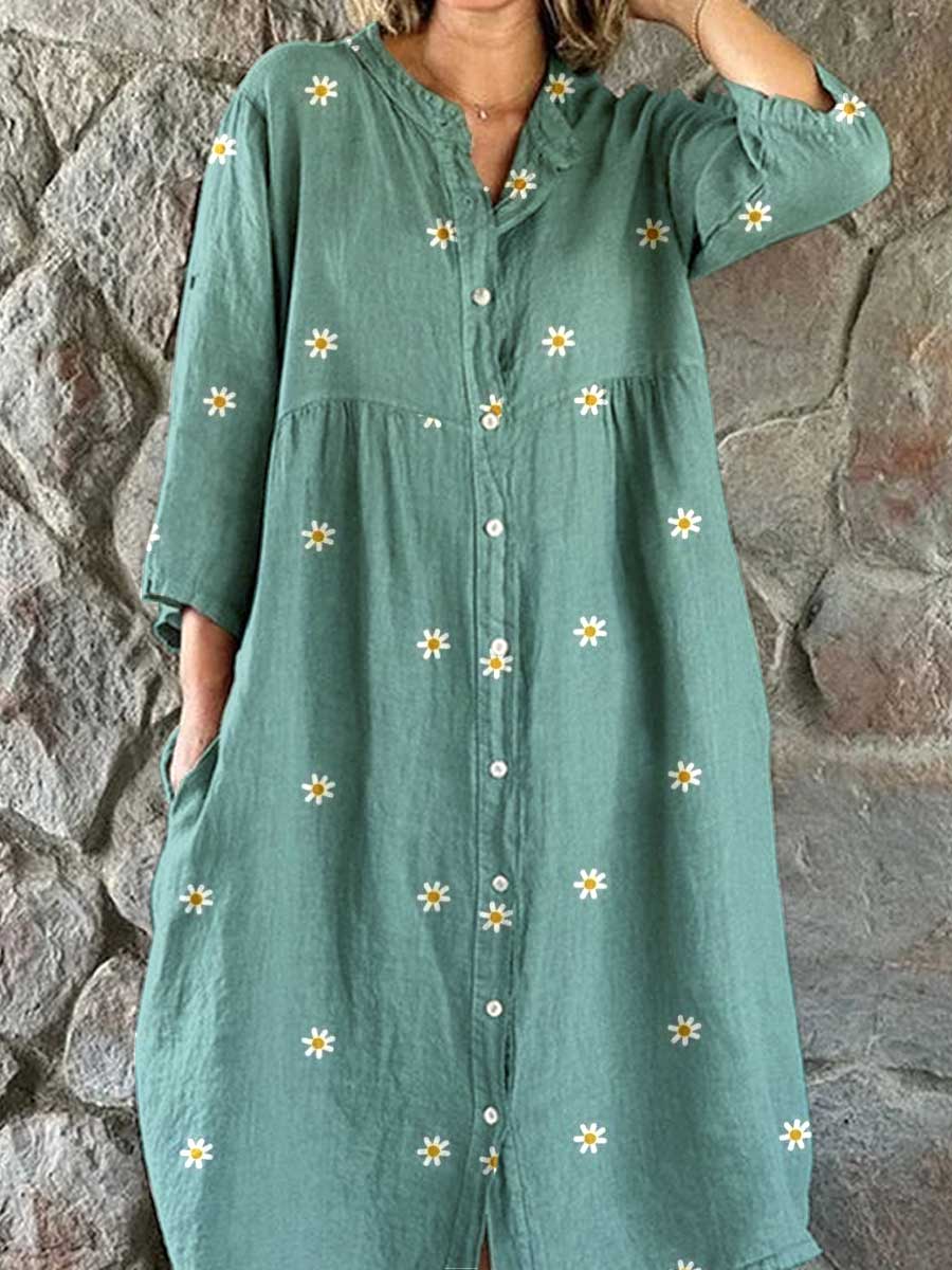 Women's Resort Art Daisy Floral Pattern Cotton Shirt Dress