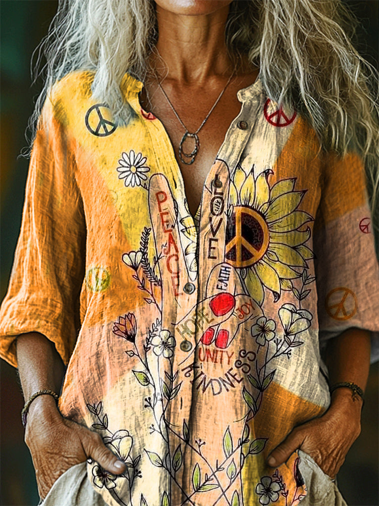 Women's Hippie Art Print Casual Cotton And Linen Shirt