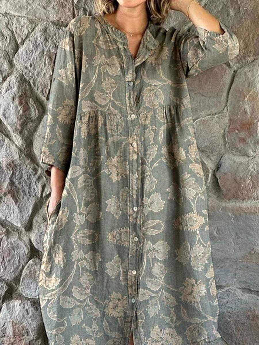 Women's Elegant Simple Shirt Style Cotton and Linen Dress with Decorat