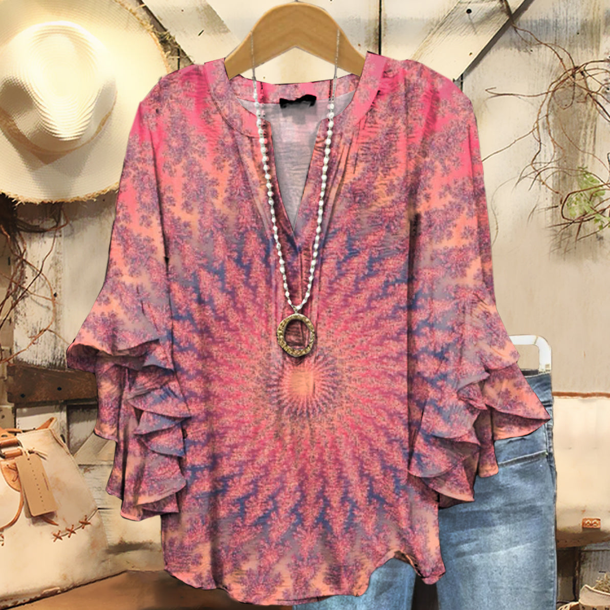 Women's Kaleidoscope Tie Dye Art Print Casual Cotton And Linen Shirt
