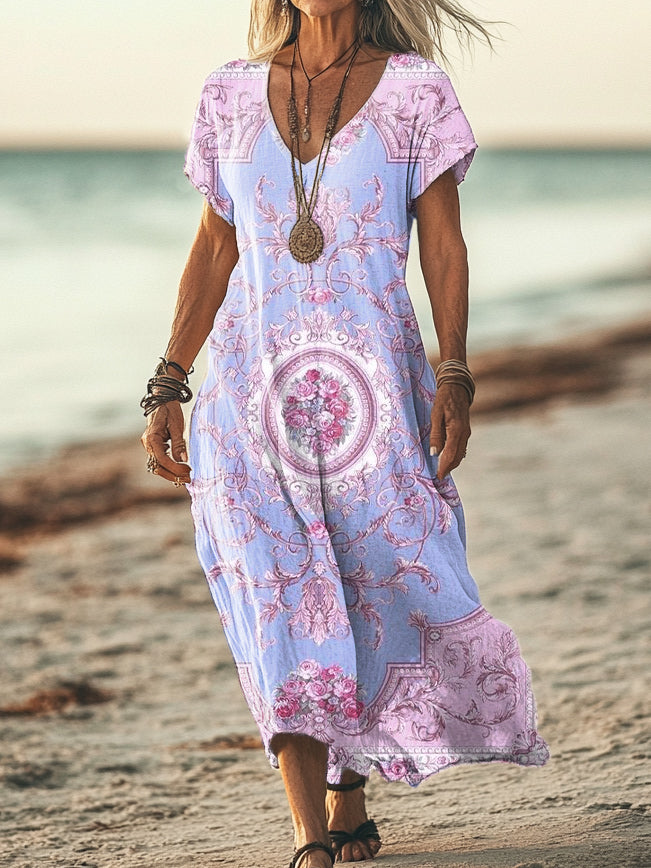 Women's Vintage Ethnic Floral Art Print Pocket Cotton Dress