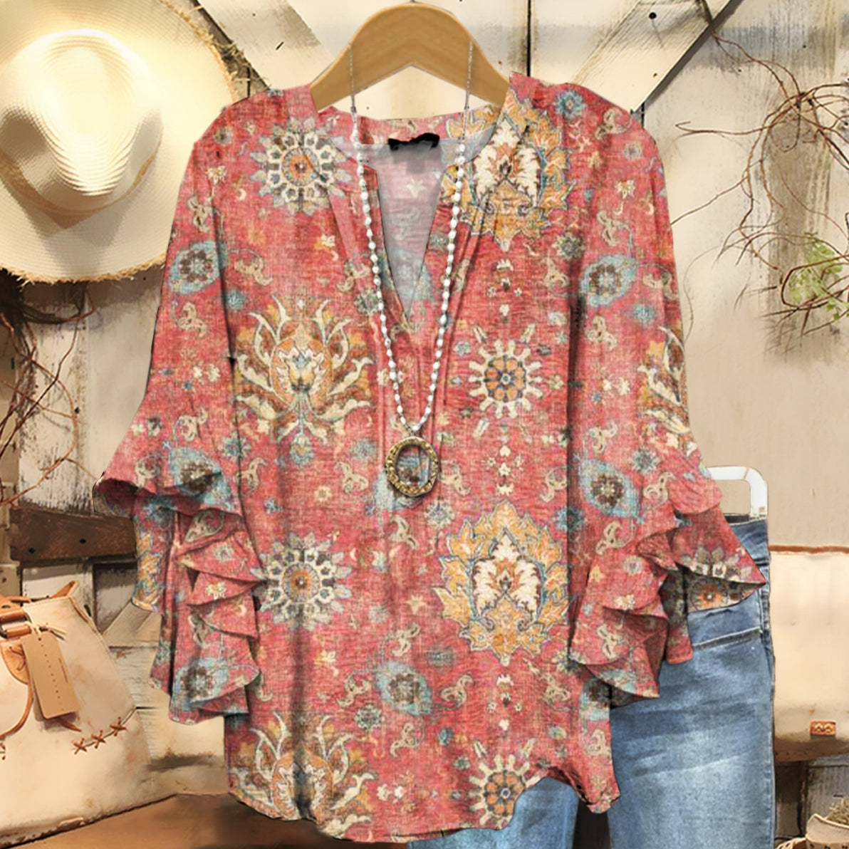 Women's Ethnic Totem Art Pattern Print Casual Cotton Shirt