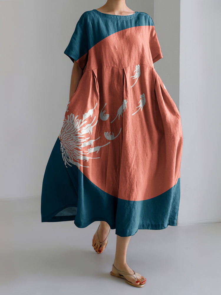 Abstract Creative Dandelion And Cat Painting Art Linen Blend Dress