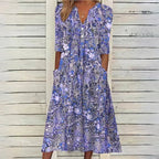 Retro Floral Print V Neck Midi Dress