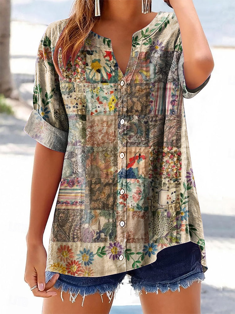 Women's Vintage Bohemian Floral Patchwork Art Print Casual Cotton And