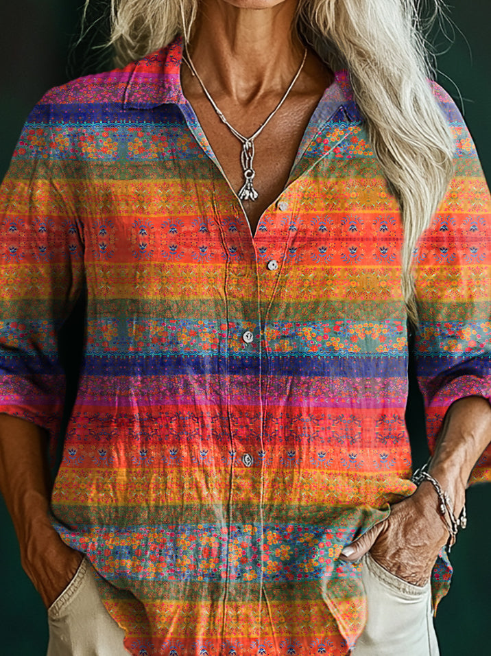 Women's Vintage Floral Art Print Casual Cotton Shirt