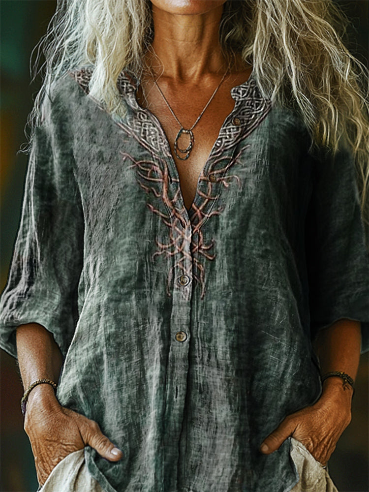 Women's Tree and Vine Pattern Art Print Casual Cotton and Linen Shirt