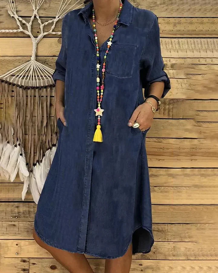 Denim Button Front Shirt Dress With Pockets
