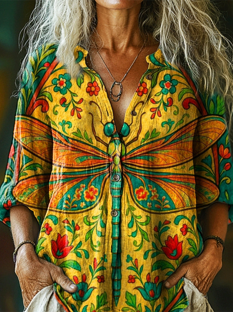 Women's Ethnic Dragonfly Art Print Casual Cotton Linen Shirt
