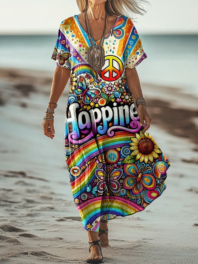 Women's Hippie Art Print Pocket Cotton Dress