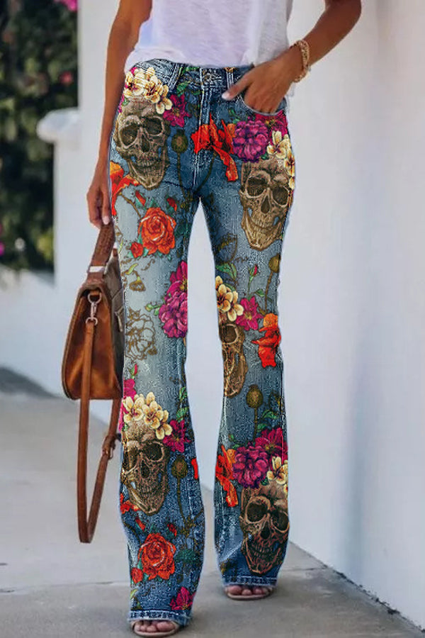 Printed Faux High Rise Flare Pants