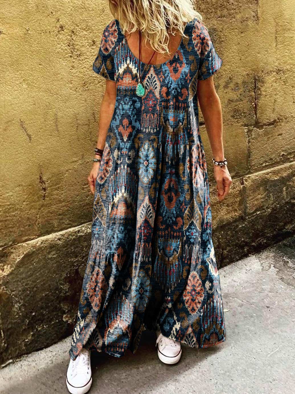 Women's Ethnic Tribal Art Painting Printed Round Neck Short Sleeve Dre