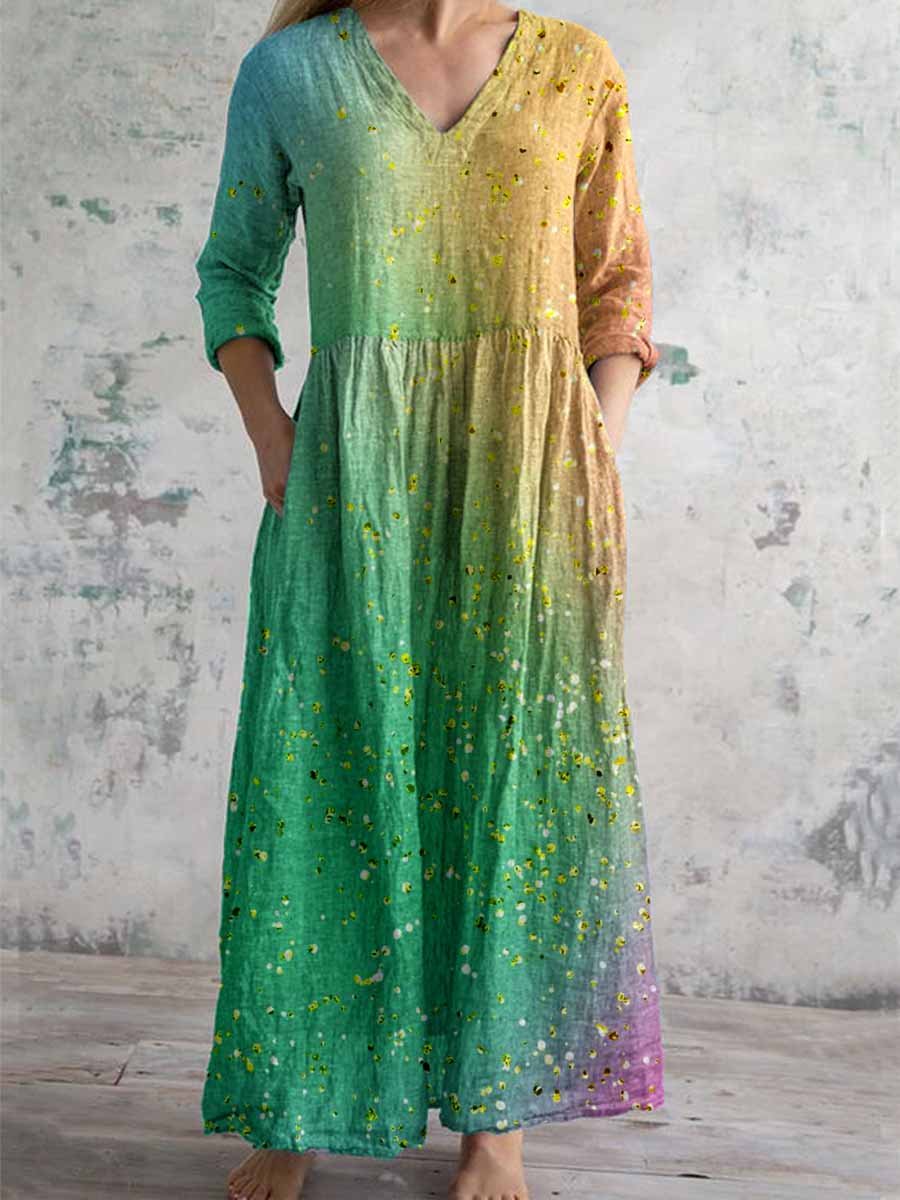 Women's Colorful Gradient Art Pattern Cotton And Linen Dress With Pock