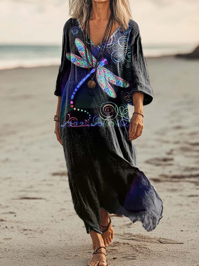 Women's Dragonfly Art Print Pocket Cotton Dress