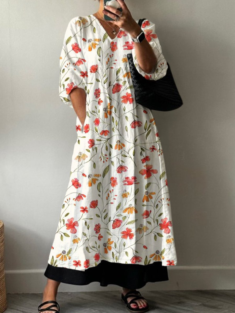Women's Fresh Little Flowers Print Pocket V-neck Cotton Dress