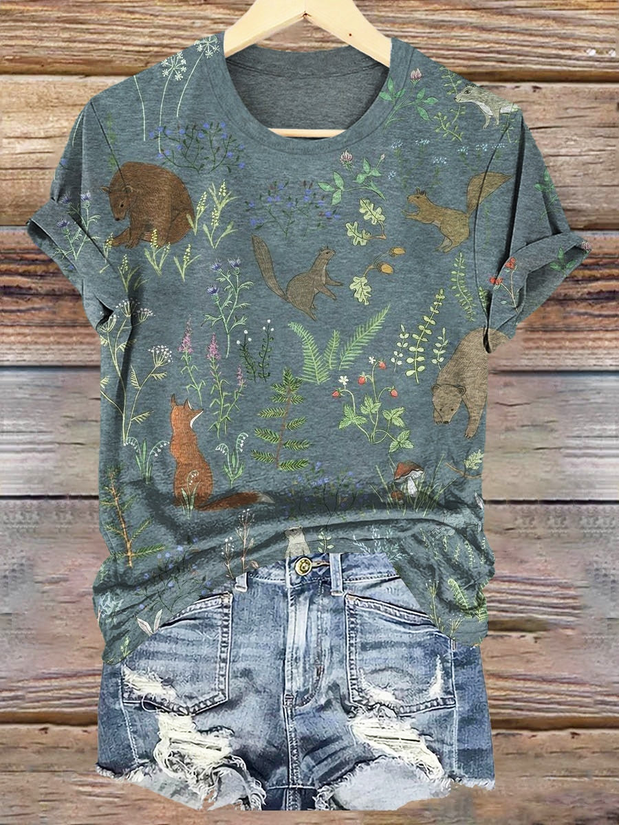 Animal Garden Patterns Art Print Crew Neck T-shirt