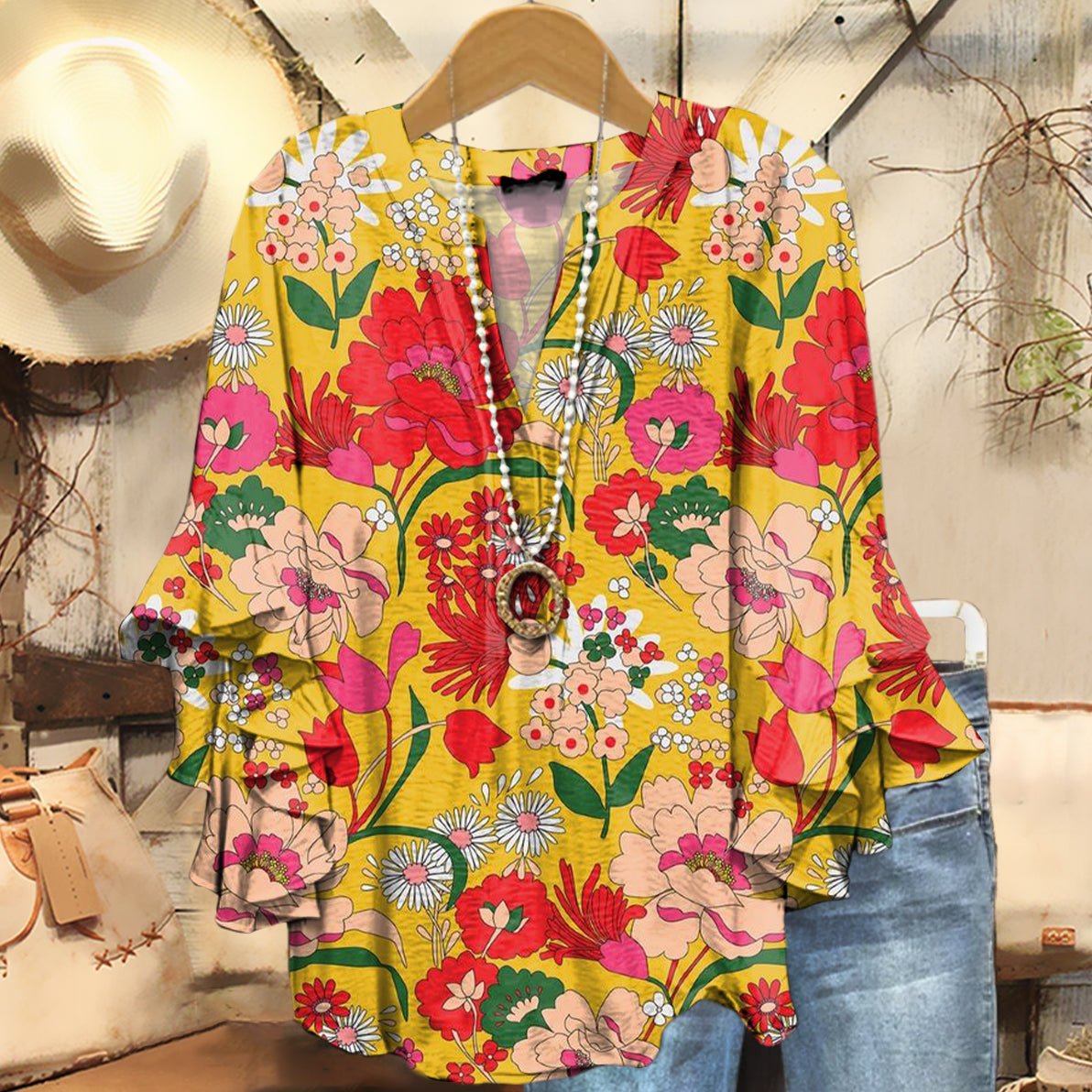 Women's Vintage Floral Art Print Casual Cotton And Linen Shirt