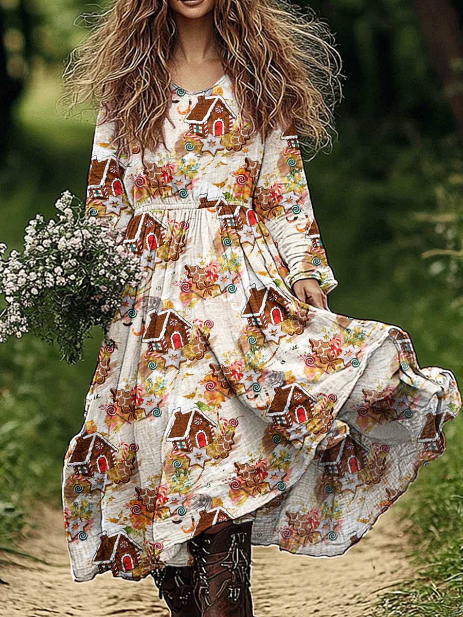 Women's Christmas Tree Pattern Cotton and Linen Dress