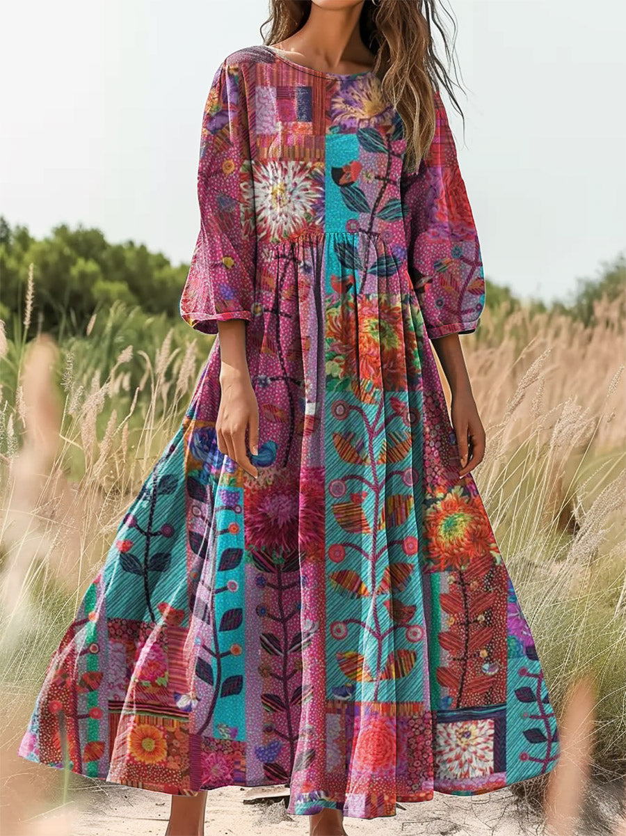Women's Bohemian Flower Collage Art Print Flowy Cotton Crew Neck Dress