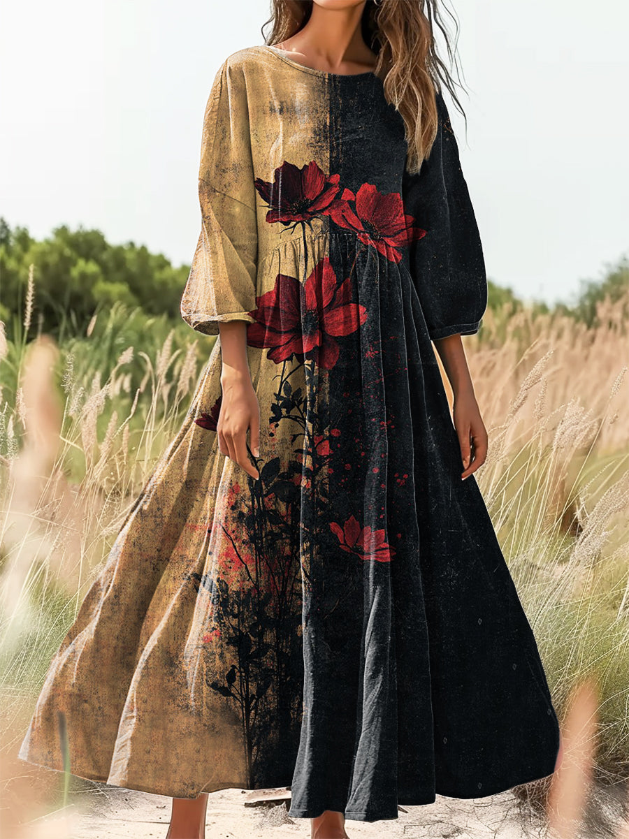 Women's Retro Rose Flower Art Print Flowy Cotton Crew Neck Dress