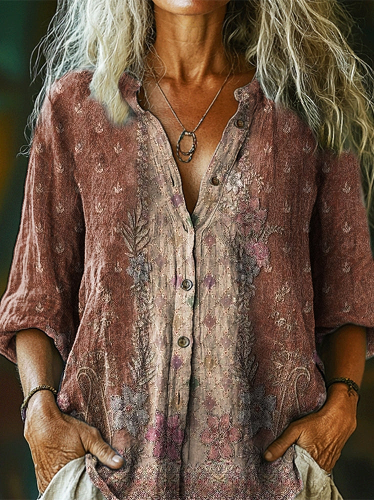 Women's Retro Ethnic Totem Flower Art Print Casual Cotton Linen Shirt