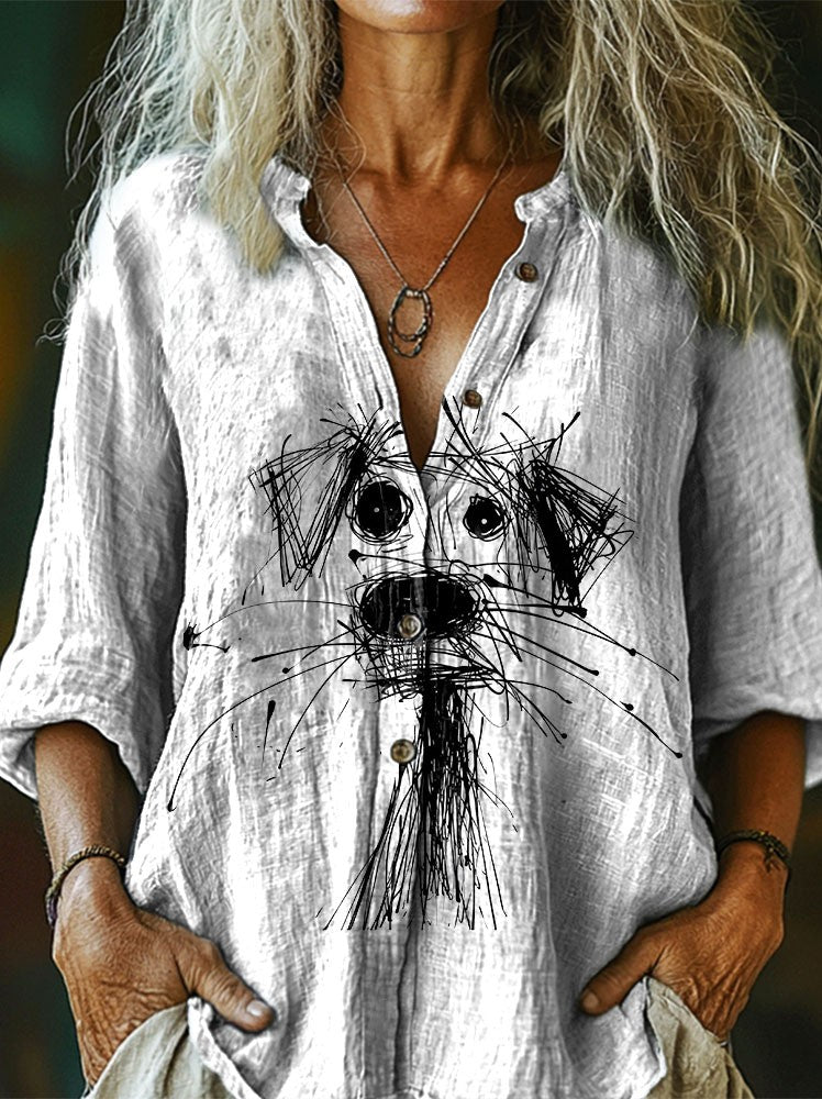Abstract Dog Puppy Women's Print Casual Cotton Linen Shirt