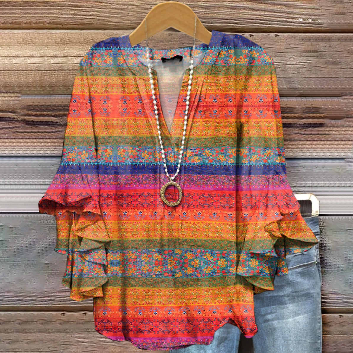 Women's Colorful Stripe Floral Pattern Art Print Cotton Linen Casual S