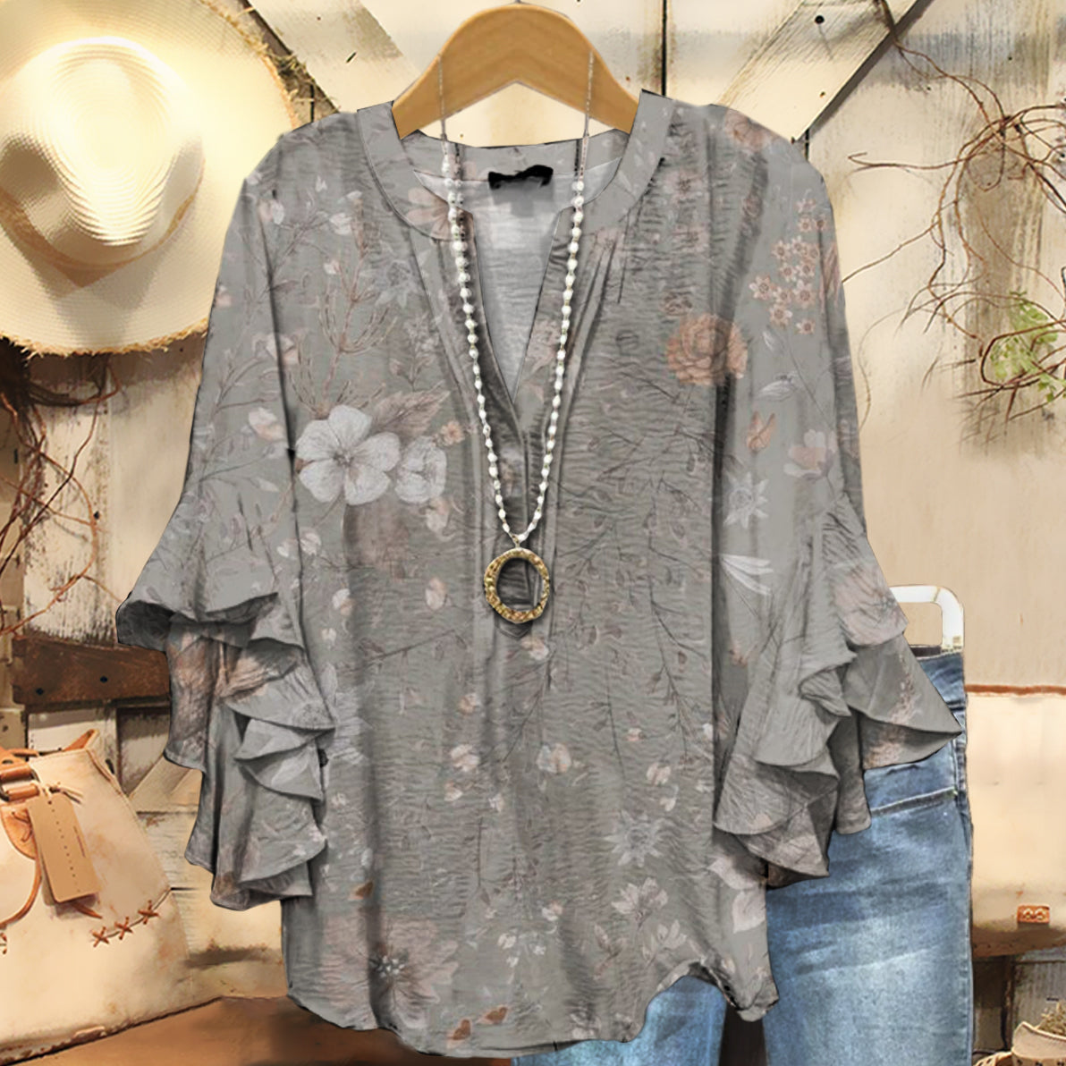 Women's Bohemian Floral Art Print Casual Cotton And Linen Shirt