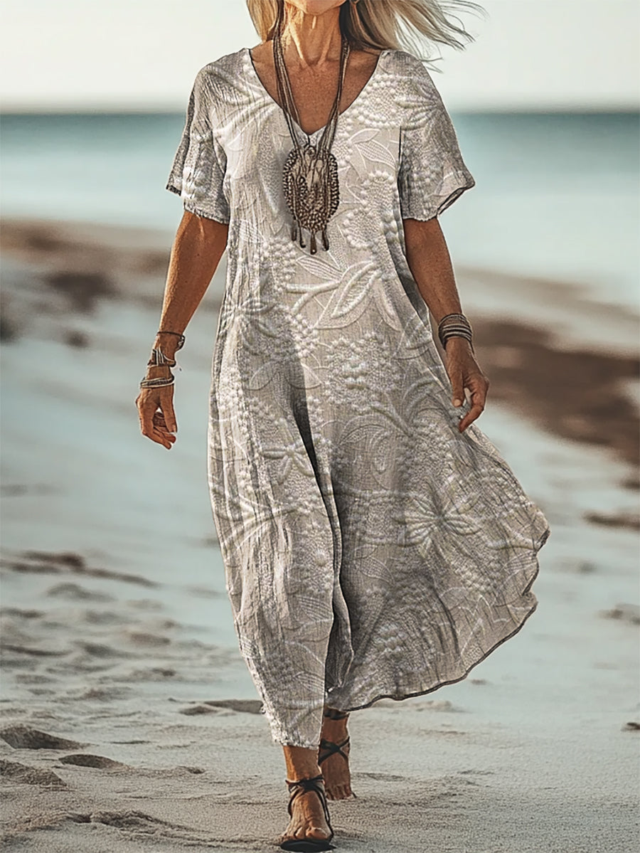 Women's Vintage Floral Texture Art Print Short Sleeve Pocket Cotton Li