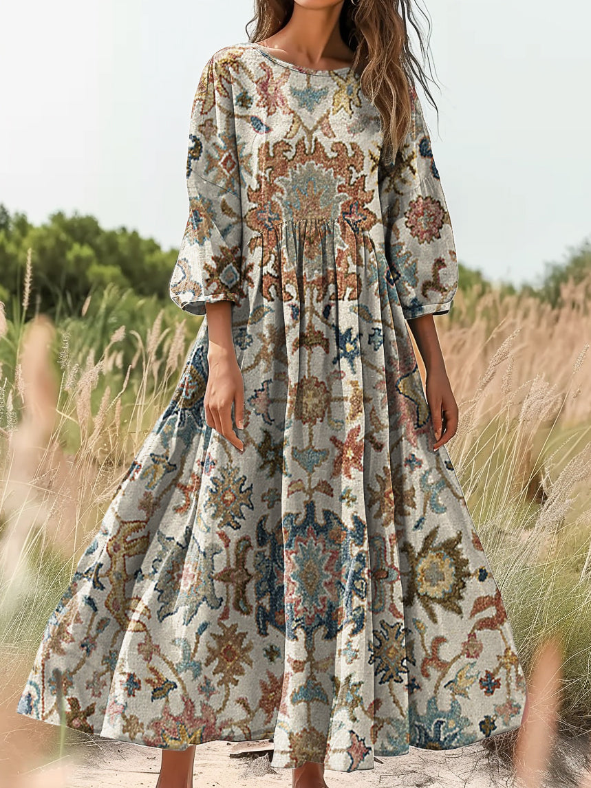 Women's Retro Ethnic Totem Art Print Flowy Cotton Crew Neck Dress