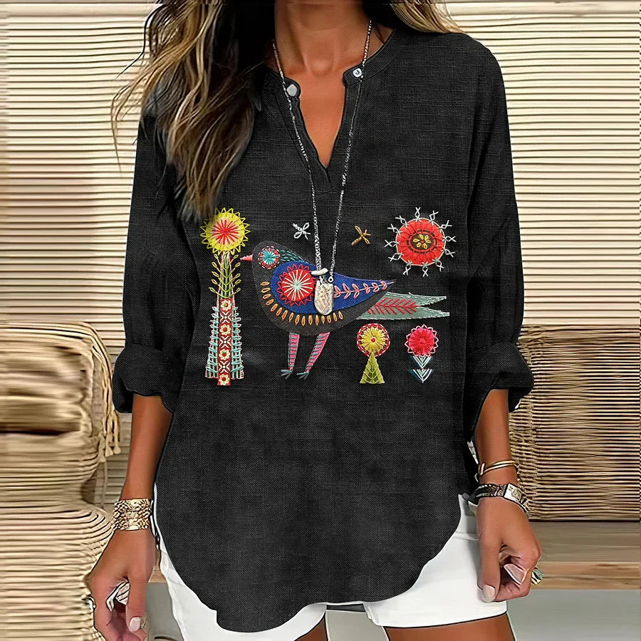 Folk Bird Embroidered Tunic Blouse