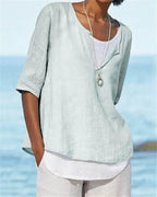 Linen V Neck Layered Top With 34 Sleeves