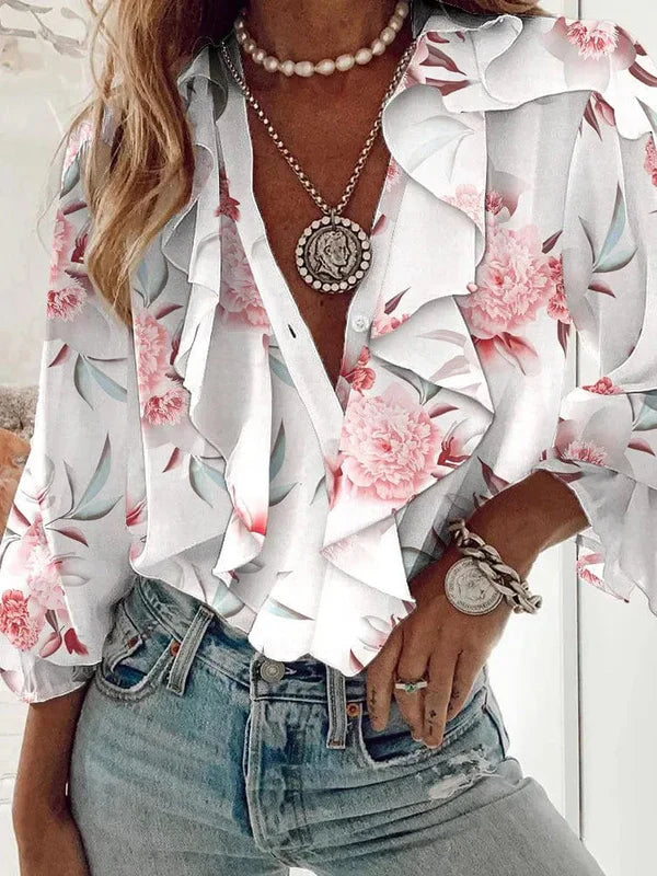 Chiffon Ruffle Front Long Sleeve Blouse