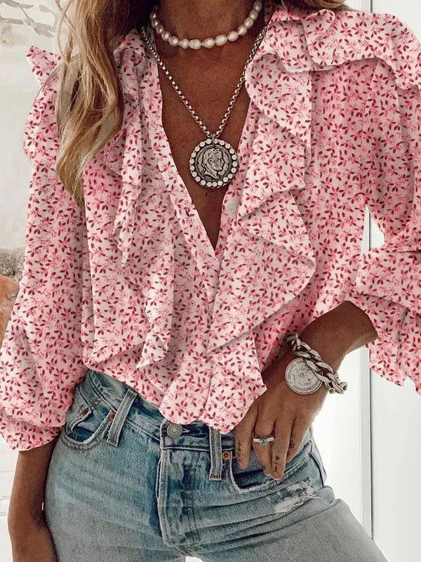 Chiffon Ruffle Front Long Sleeve Blouse