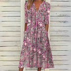 Retro Floral Print V Neck Midi Dress
