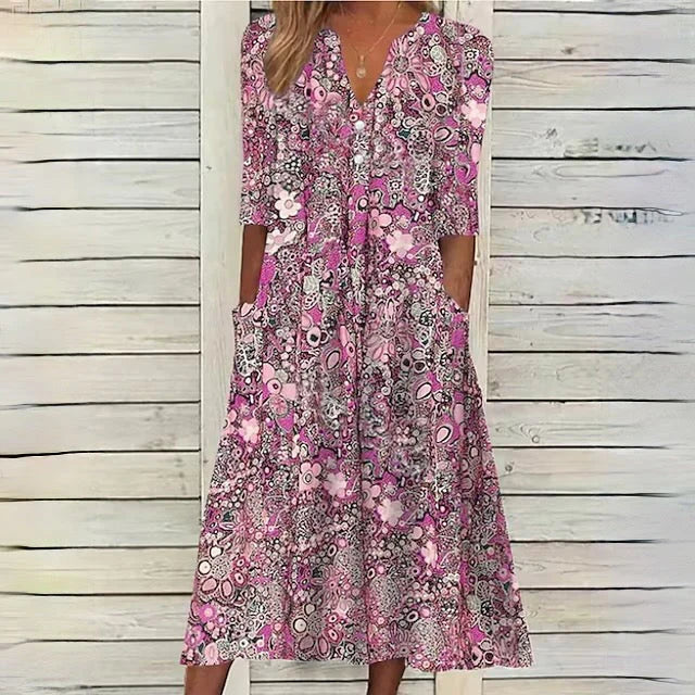 Retro Floral Print V Neck Midi Dress